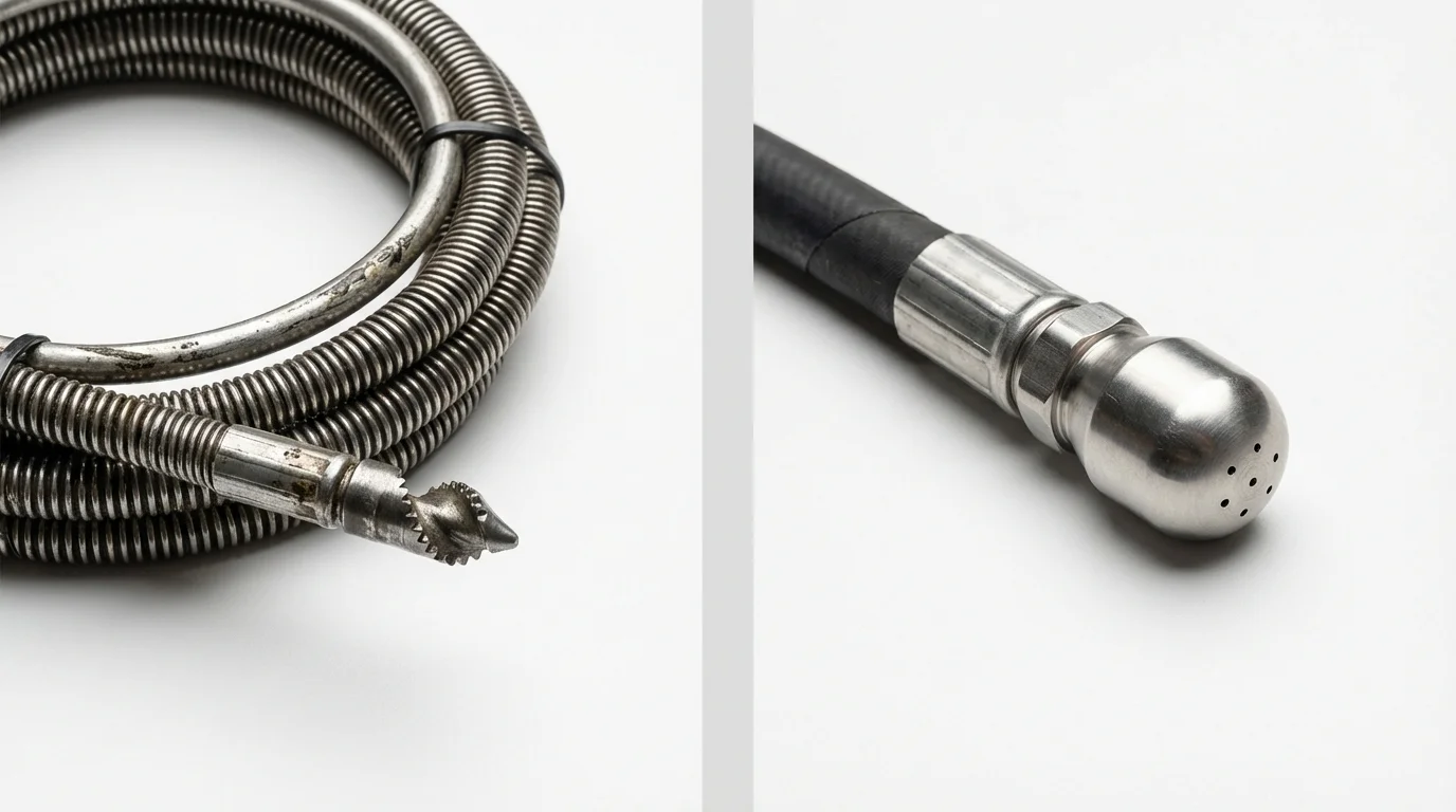 Drain snake cable and hydro jetting nozzle used for drain cleaning in Cheboygan, MI