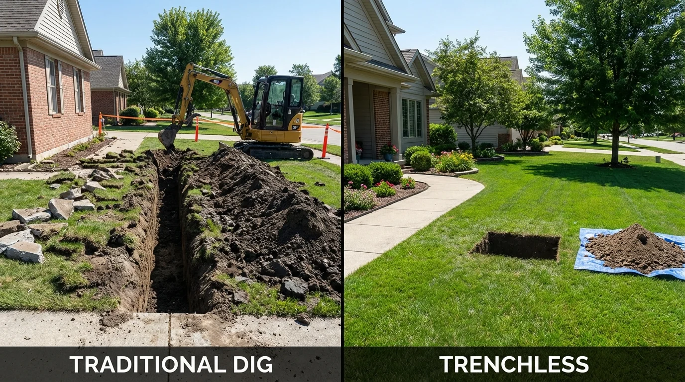 Trenchless sewer repair with minimal yard damage versus traditional excavation in Cheboygan, MI