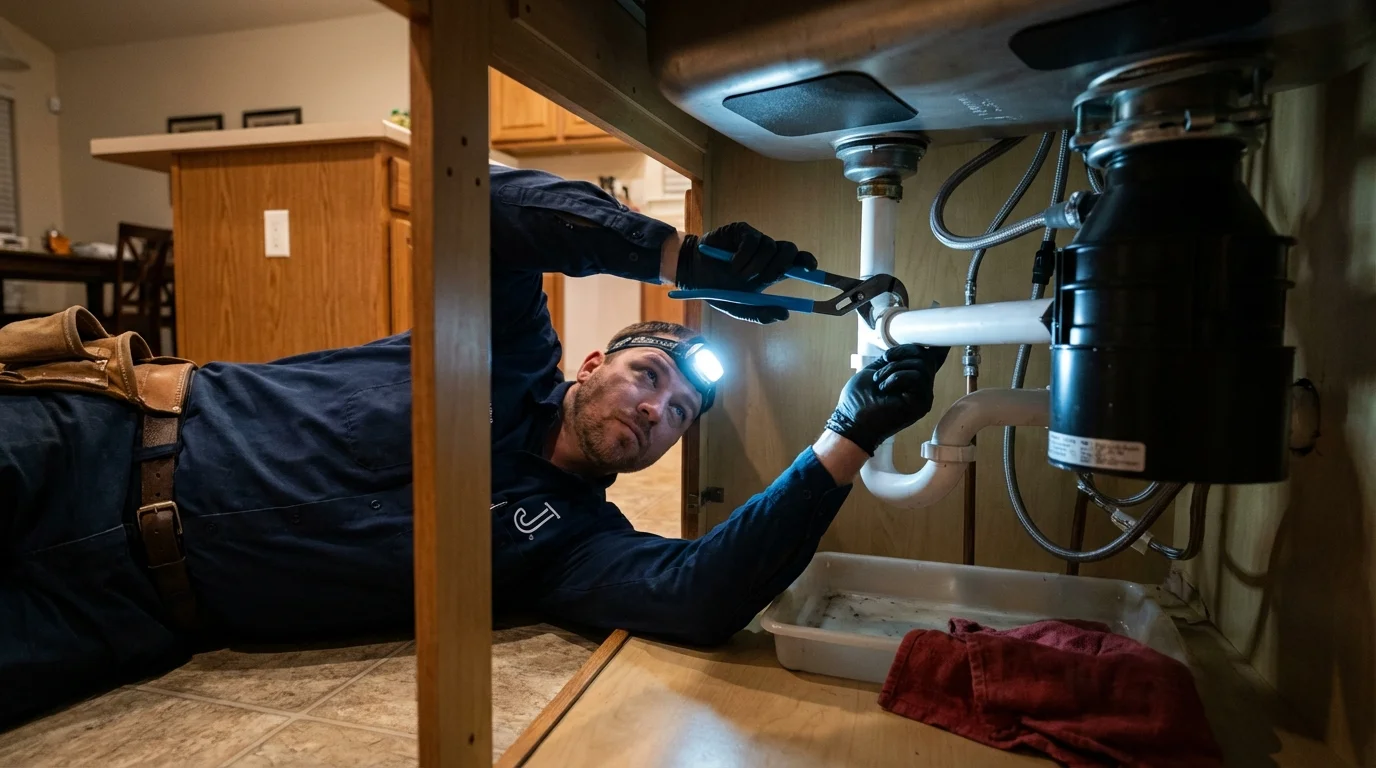 P-trap and supply line connections under a kitchen sink showing a common leak point in Cheboygan, MI